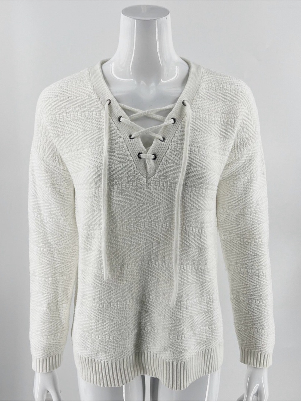 Athleta Sunset White Lace-Up V-Neck Knit Sweater